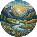 Berglandschaft mit Fluss und Blumen
