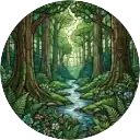 Wunderschöner, grüner Wald mit einem Fluss in der Mitte.